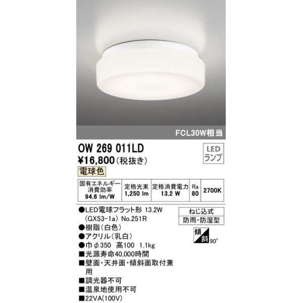 画像1: 【数量限定特価】オーデリック　OW269011LD(ランプ別梱)　バスルームライト 非調光 LEDランプ 電球色 防雨・防湿型 ホワイト ￡ (1)