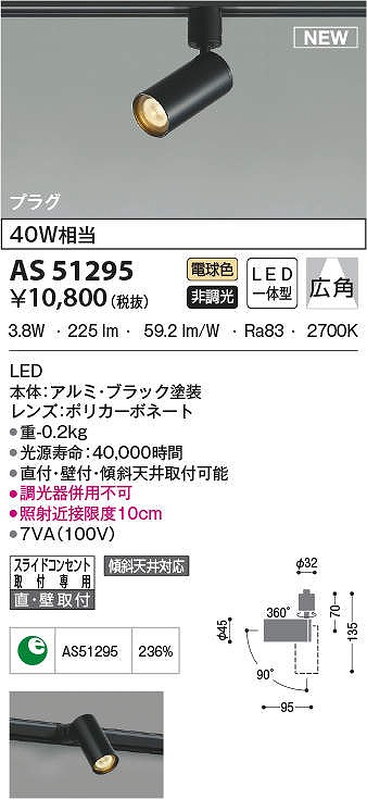 コイズミ照明 AS51295 スポットライト 非調光 LED一体型 電球色 広角 プラグタイプ ブラック - まいどDIY 2号店