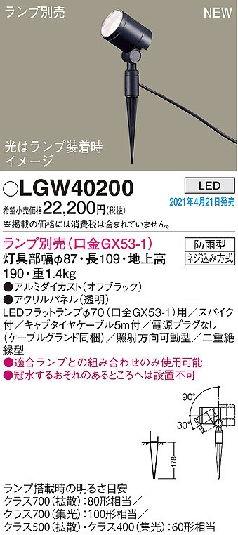 画像1: パナソニック　LGW40200　エクステリア スポットライト ランプ別売(口金GX53-1) LED スパイク取付型 防雨型 オフブラック (1)