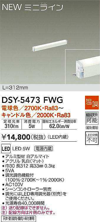 賜物 大光電機 DSY-4554FWG 間接照明用器具 DAIKO 大光電機 DAIKO LED間接照明用器具 LED内蔵 PWMタイプ L1200mm 電源内蔵 天井 壁 横向 床付兼用 電球色 昼白色 電気工事必要 ホワイト DSY-5260FW