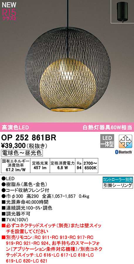 画像1: オーデリック　OP252861BR　ペンダントライト 調光 調色 Bluetooth コントローラー別売 LED一体型 電球色〜昼光色 フレンジタイプ 黒色 (1)