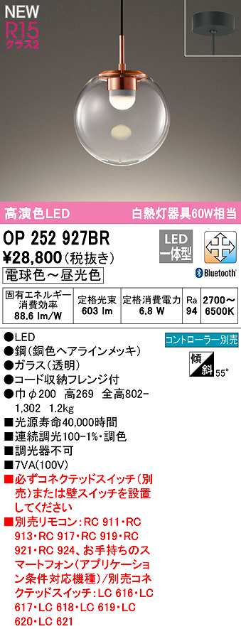 画像1: オーデリック　OP252927BR　ペンダントライト 調光 調色 Bluetooth コントローラー別売 LED一体型 電球色〜昼光色 フレンジタイプ (1)