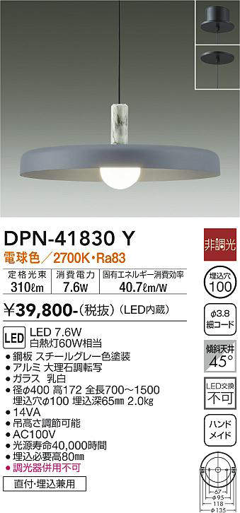 画像1: 大光電機(DAIKO) DPN-41830Y ペンダント 非調光 電球色 LED・電源内蔵 フランジタイプ スチールグレー (1)