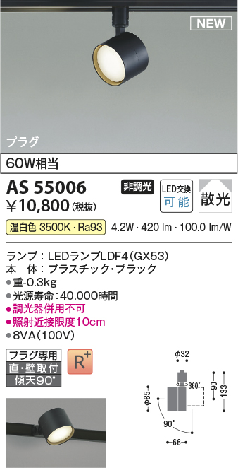 画像1: コイズミ照明 AS55006 スポットライト 非調光 LED 温白色 直付・壁付取付 プラグタイプ 散光 ブラック (1)