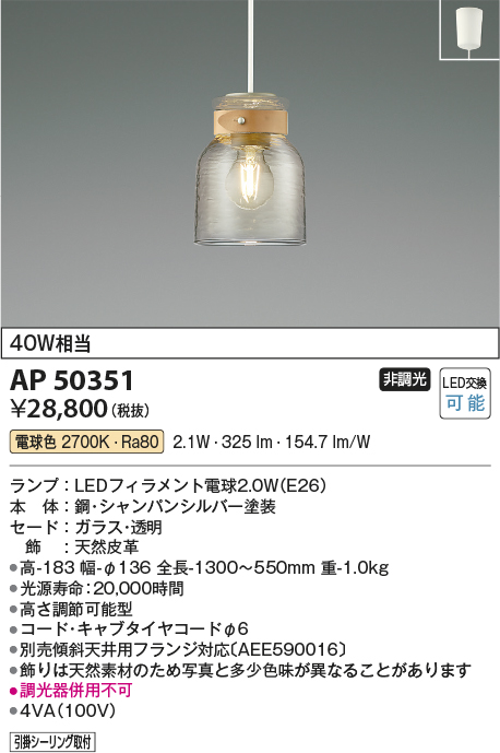 画像1: コイズミ照明　AP50351　ペンダントライト LEDランプ交換可能型 非調光 電球色 フランジタイプ シャンパンシルバー [♭] (1)