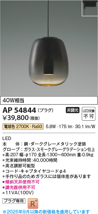 画像1: コイズミ照明 AP54844 ペンダント 非調光 LED一体型 電球色 プラグタイプ スモークグレーグラデーション (1)