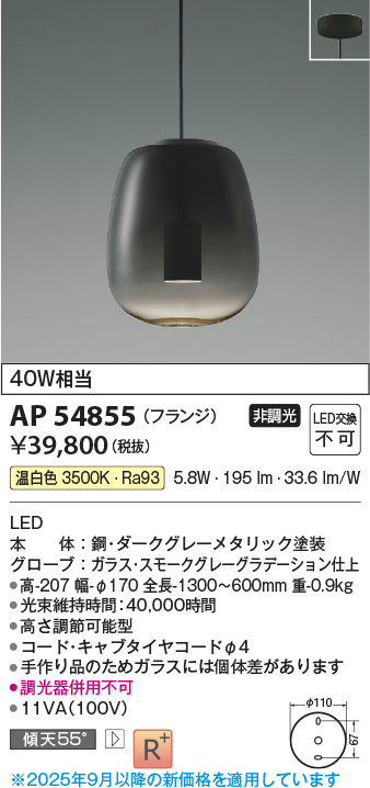 画像1: コイズミ照明 AP54855 ペンダント 非調光 LED一体型 温白色 フランジタイプ スモークグレーグラデーション (1)