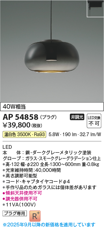 画像1: コイズミ照明 AP54858 ペンダント 非調光 LED一体型 温白色 プラグタイプ スモークグレーグラデーション (1)