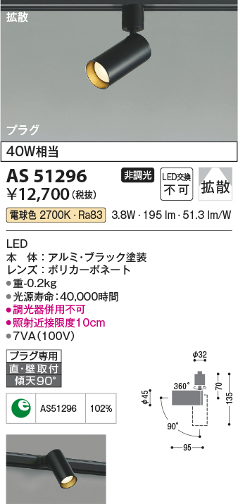 画像1: コイズミ照明　AS51296　スポットライト 非調光 LED一体型 電球色 拡散 プラグタイプ ブラック (1)