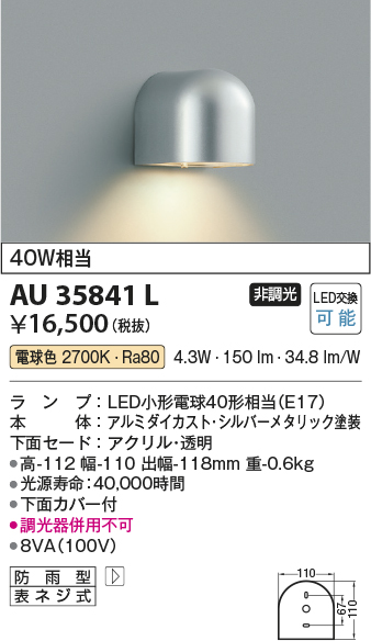 画像1: コイズミ照明　AU35841L　勝手口灯 ブラケットライト アウトドアライト LED付 白熱球40W相当 シルバー 防雨型 (1)