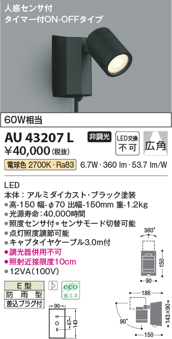 40000時間消費電力コイズミ照明 アウトドアスポットライト人感センサ付(白熱球60W×2灯相当)黒色