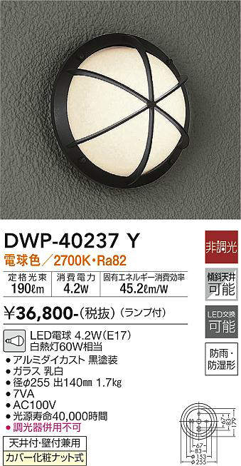 画像1: 大光電機(DAIKO)　DWP-40237Y　アウトドア ポーチ灯 ブラケット ランプ付 非調光 電球色 防雨・防湿形 天井付・壁付兼用 (1)