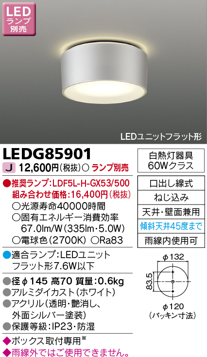画像1: 東芝ライテック　LEDG85901　アウトドア 軒下シーリングライト LEDユニットフラット形 天井・壁面兼用 防湿 シルバー ランプ別売 (1)
