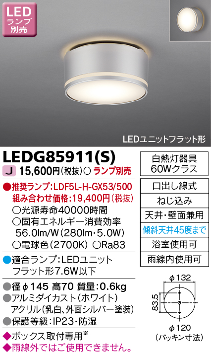 画像1: 東芝ライテック　LEDG85911(S)　アウトドア 軒下シーリングライト LEDユニットフラット形 天井・壁面兼用 防湿 シルバー ランプ別売 (1)