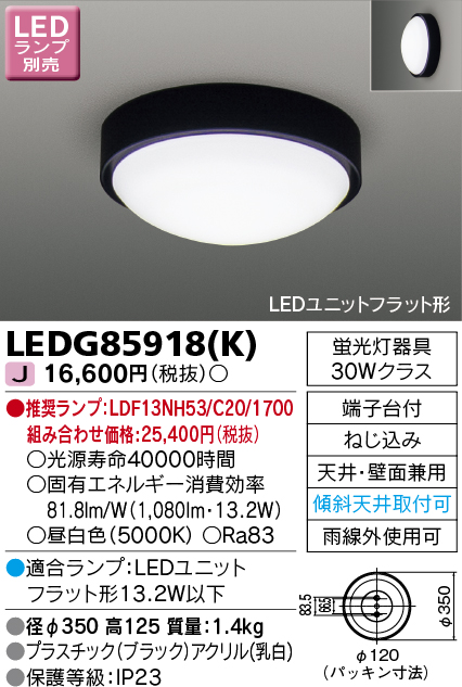 画像1: 東芝ライテック　LEDG85918(K)　アウトドア 軒下シーリングライト LEDユニットフラット形 天井・壁面兼用 ブラック ランプ別売 (1)