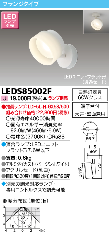 画像1: 東芝ライテック　LEDS85002F　スポットライト LEDユニットフラット形 フランジタイプ 天井・壁面兼用 ホワイト ランプ別売 (1)