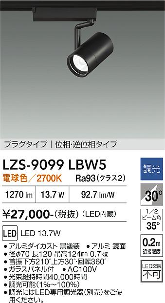 画像1: 大光電機(DAIKO) LZS-9099LBW5 スポットライト 調光(調光器別売) 電球色 LED プラグタイプ レール別売 ブラック (1)