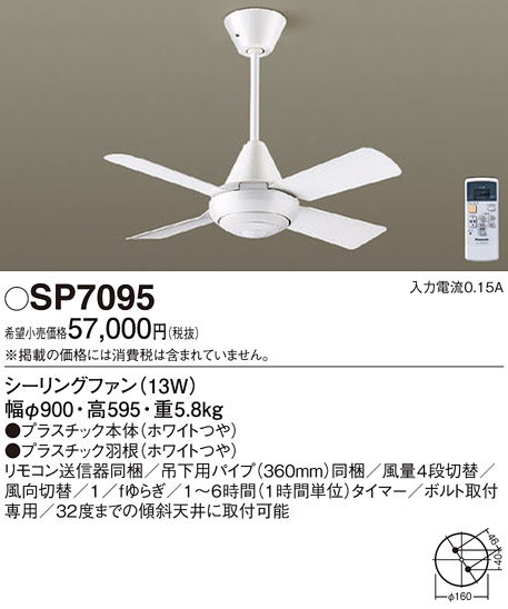 画像1: 照明器具 パナソニック　SP7095　シーリングファン 天井直付型 ACモータータイプ 風量4段切替 逆回転切替 1/ｆゆらぎ (1)