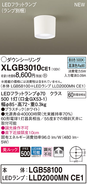画像1: パナソニック　XLGB3010CE1(ランプ別梱)　ダウンシーリング LED(昼白色) 天井直付型 美ルック 拡散タイプ ホワイト (1)